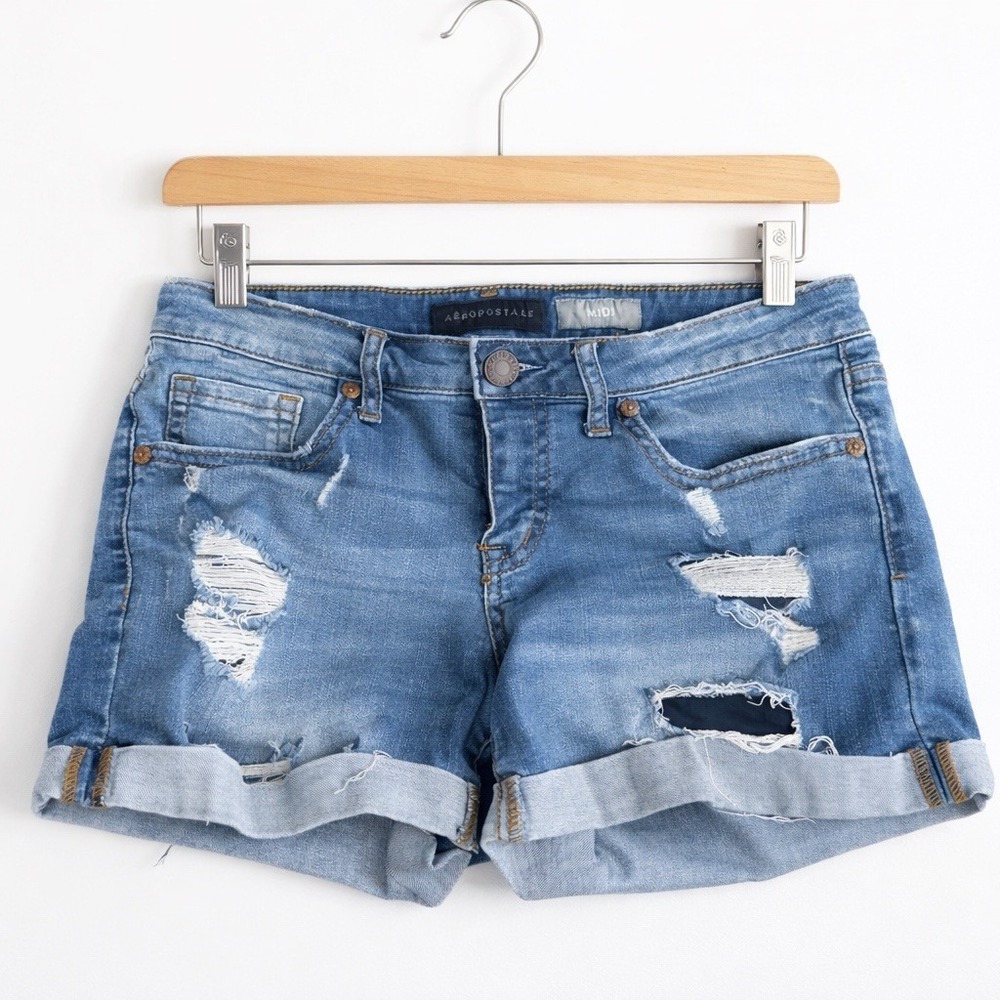 Aeropostale Blue Distressed Denim Shorts 4 Button Cuffed Cutoff Jeans Mid Rise